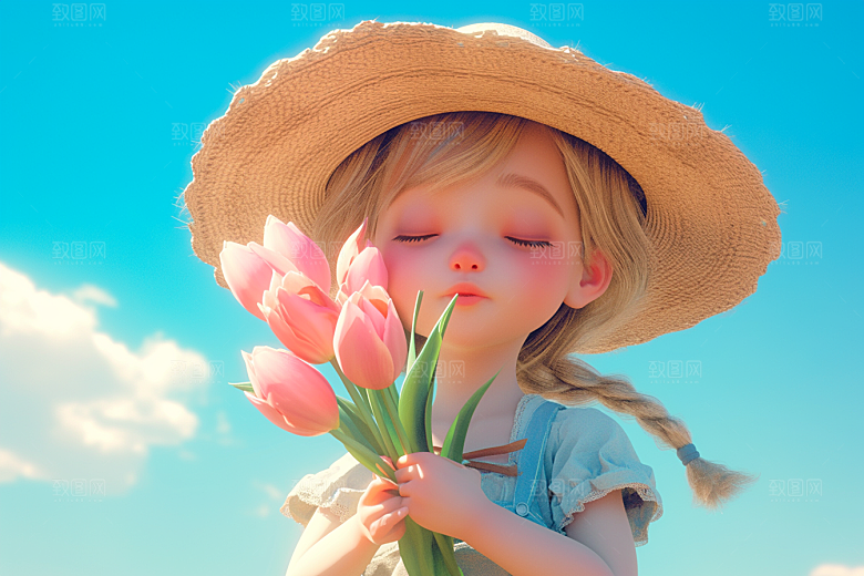 手捧鲜花的少女春天模型素材