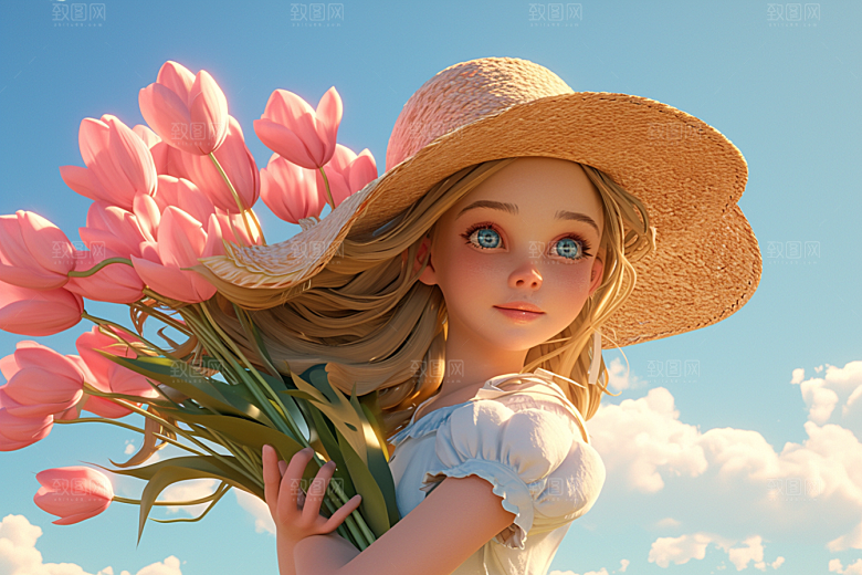 手捧鲜花的少女梦幻青春素材