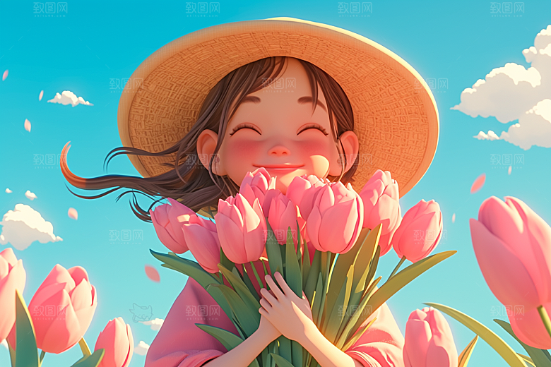手捧鲜花的少女唯美青春素材