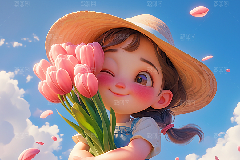 手捧鲜花的少女梦幻飞舞的裙摆素材
