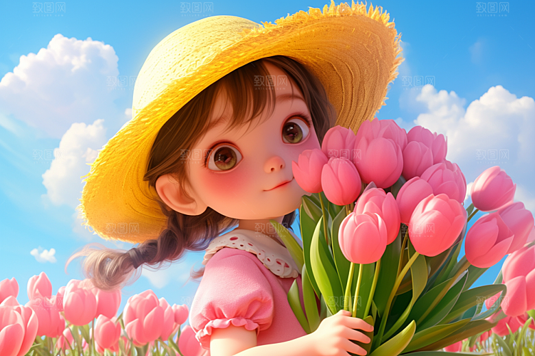 手捧鲜花的少女3D模型素材
