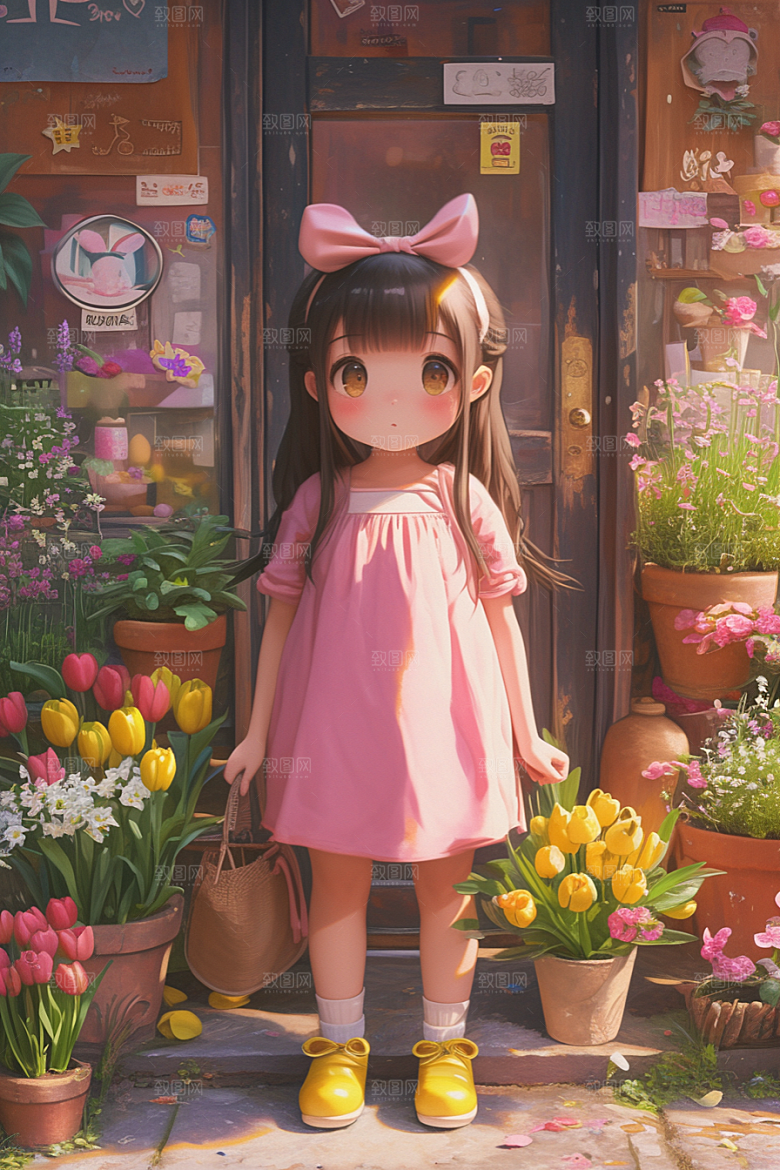 手捧鲜花的少女自然模型素材