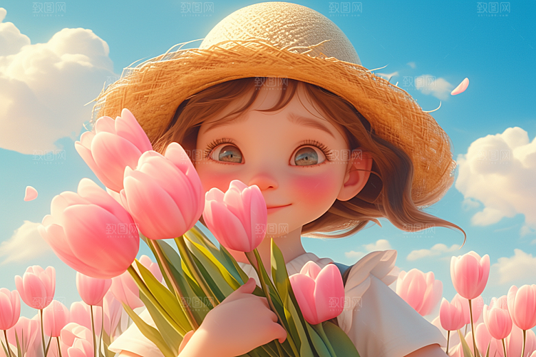 手捧鲜花的少女清新春天素材