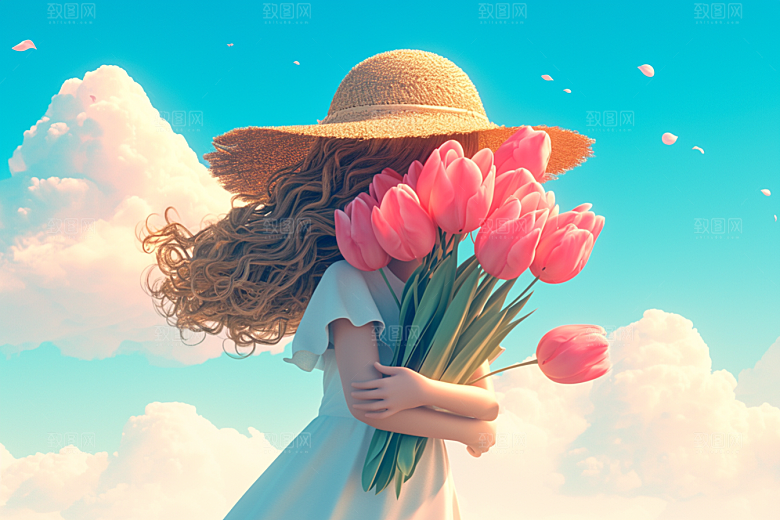 手捧鲜花的少女立体清新素材