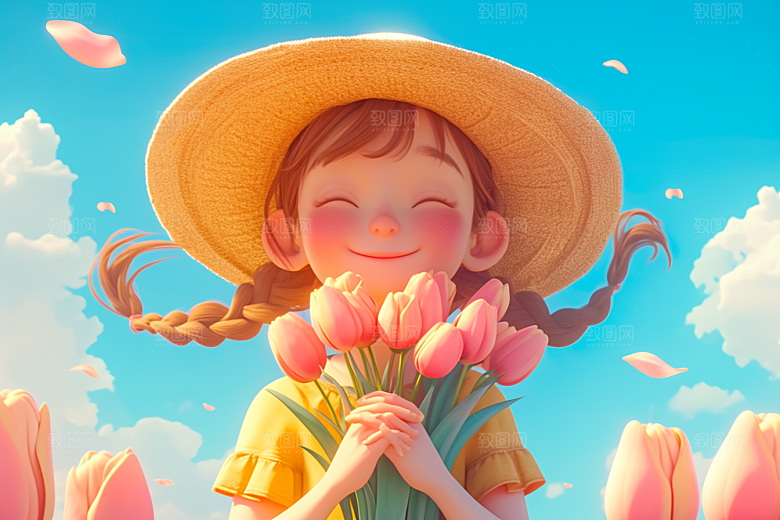 手捧鲜花的少女春天青春素材