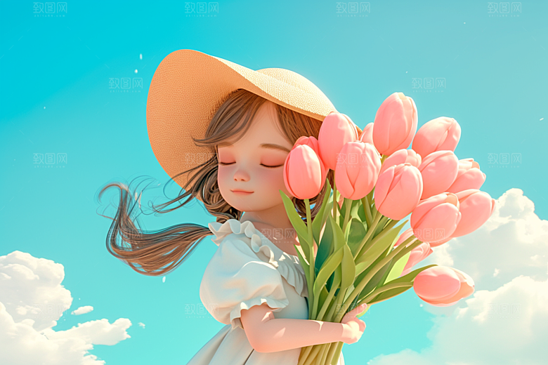 手捧鲜花的少女3D春天素材