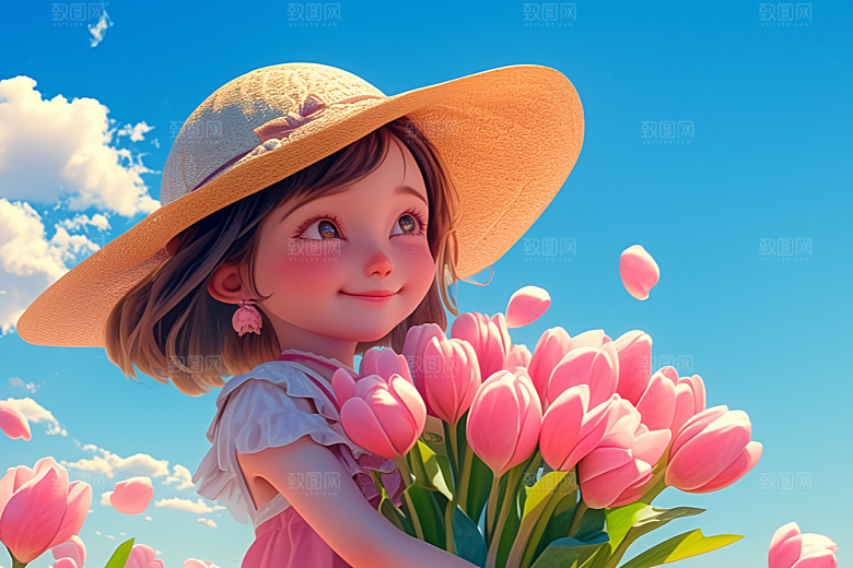 手捧鲜花的少女自然肖像素材