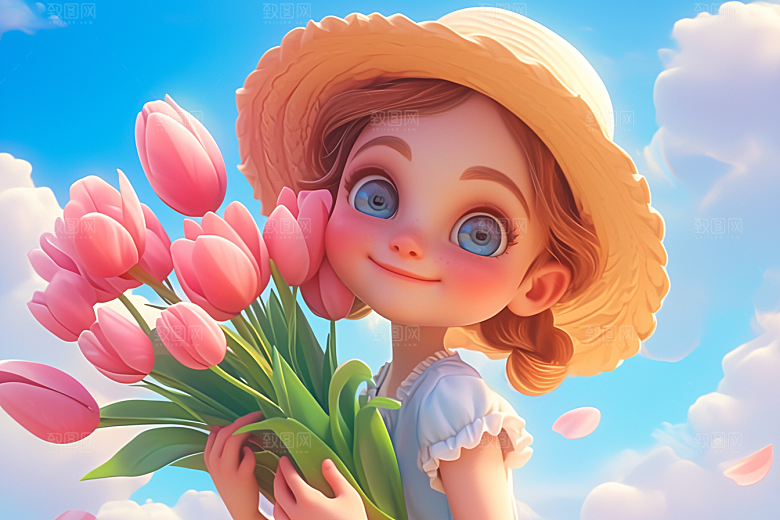 手捧鲜花的少女花朵清新素材