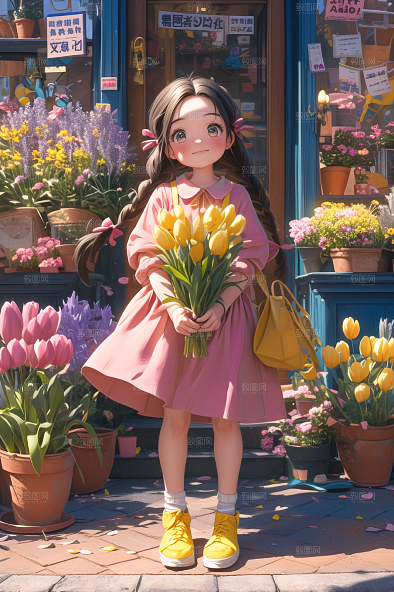 手捧鲜花的少女模型人物素材