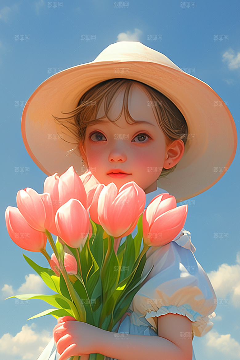 手捧鲜花的少女自然花朵素材