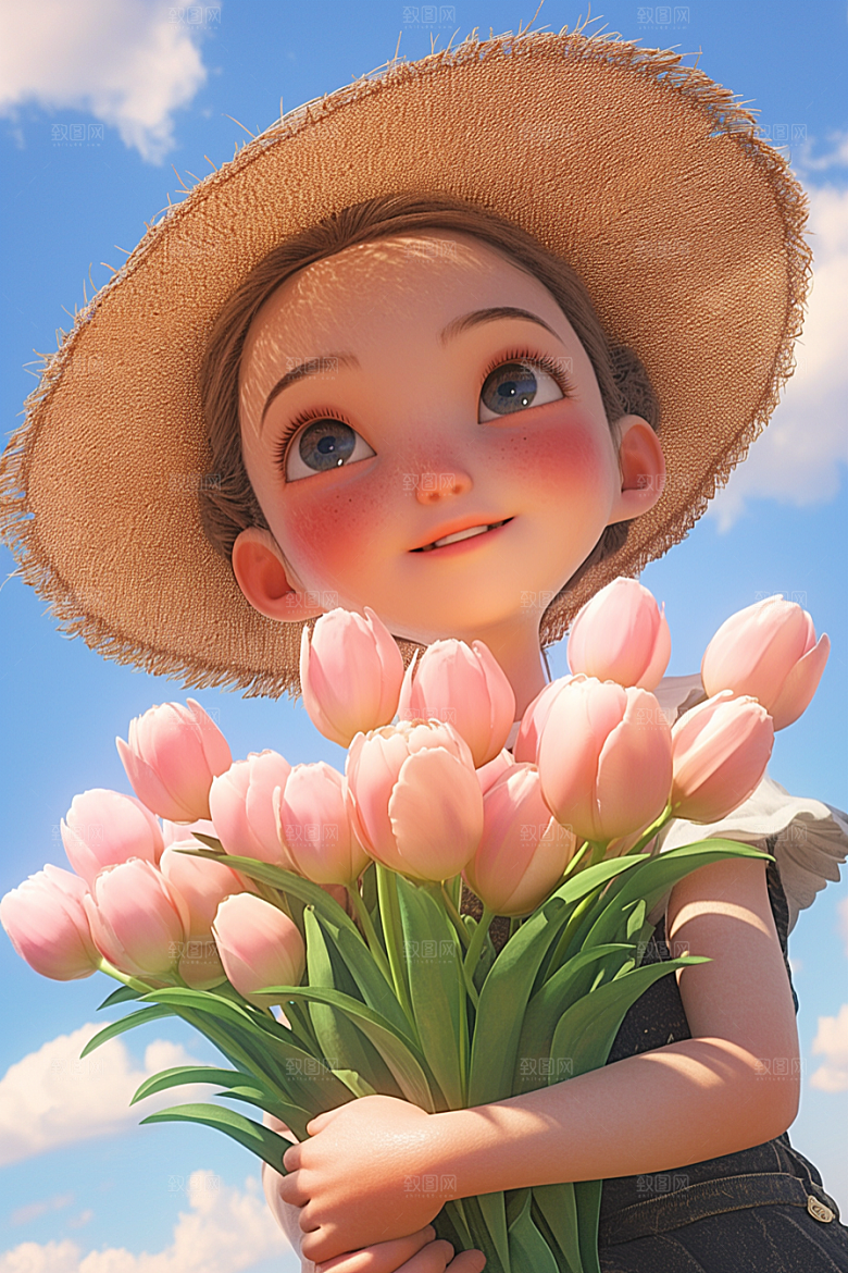 手捧鲜花的少女春天清新素材