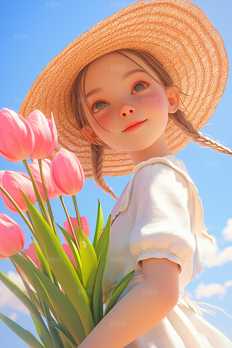 手捧鲜花的少女3D飞舞的裙摆素材