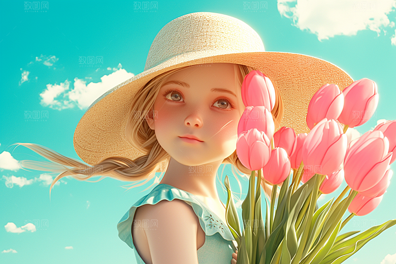 手捧鲜花的少女唯美立体素材