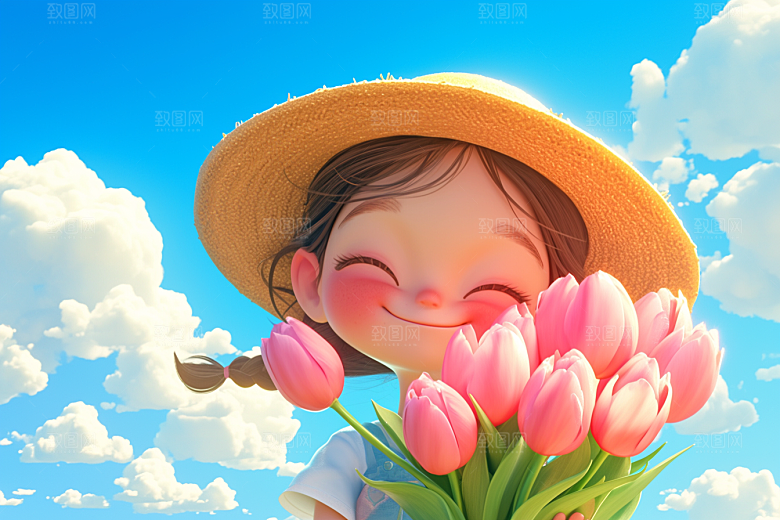 手捧鲜花的少女花朵3D素材