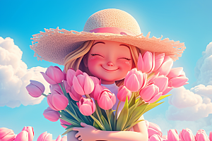 手捧鲜花的少女春天烂漫素材