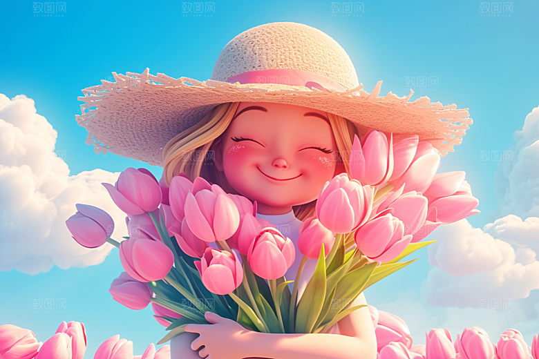 手捧鲜花的少女春天烂漫素材