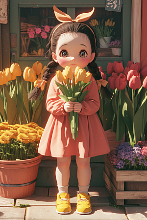 手捧鲜花的少女梦幻清新素材
