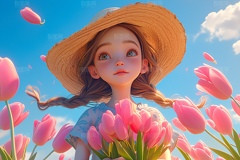 手捧鲜花的少女自然唯美素材