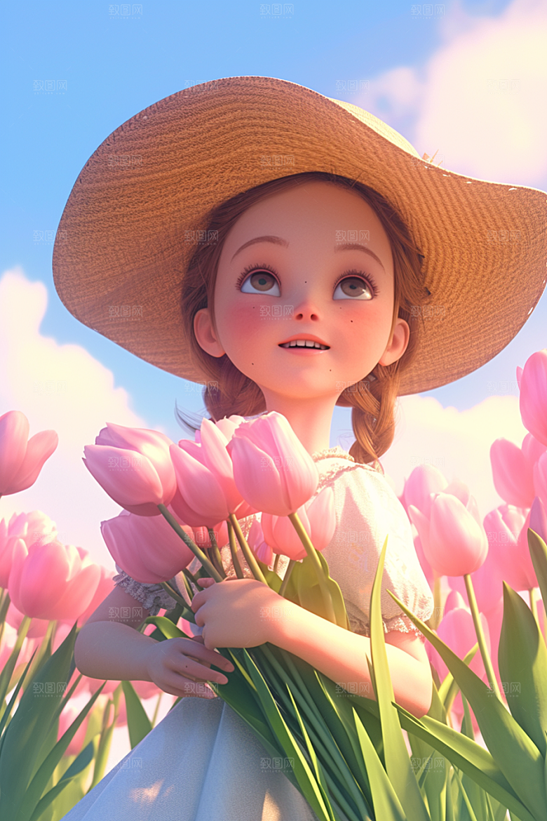 手捧鲜花的少女青春模型素材