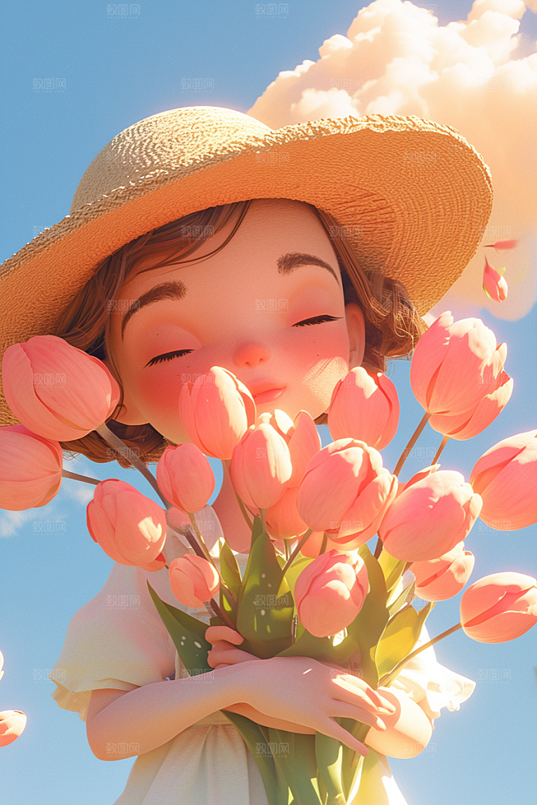 手捧鲜花的少女梦幻立体素材