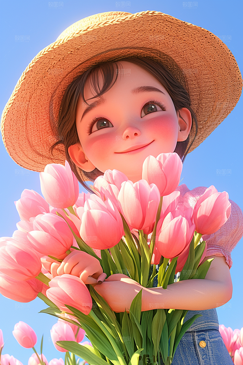 手捧鲜花的少女人物3D素材