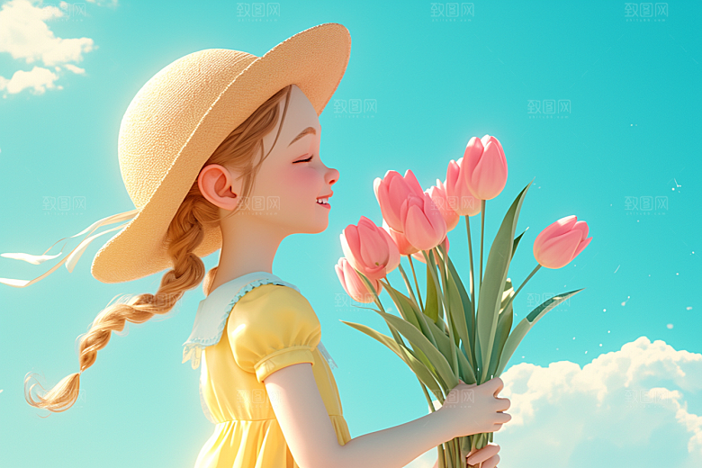 手捧鲜花的少女花朵清新素材
