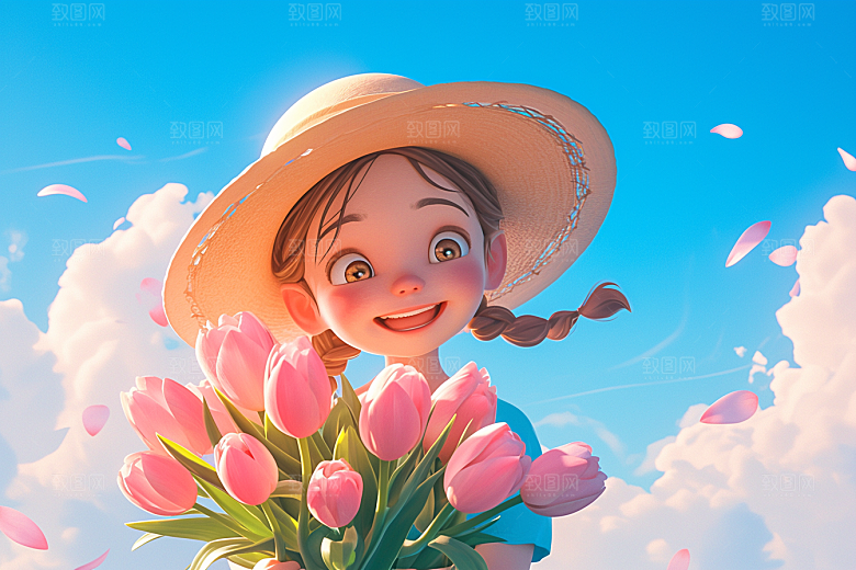手捧鲜花的少女花朵立体素材