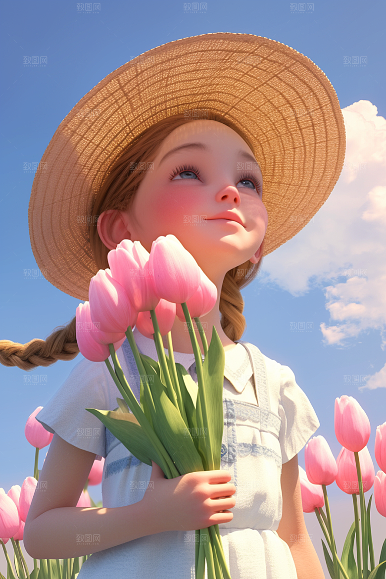 手捧鲜花的少女青春立体素材