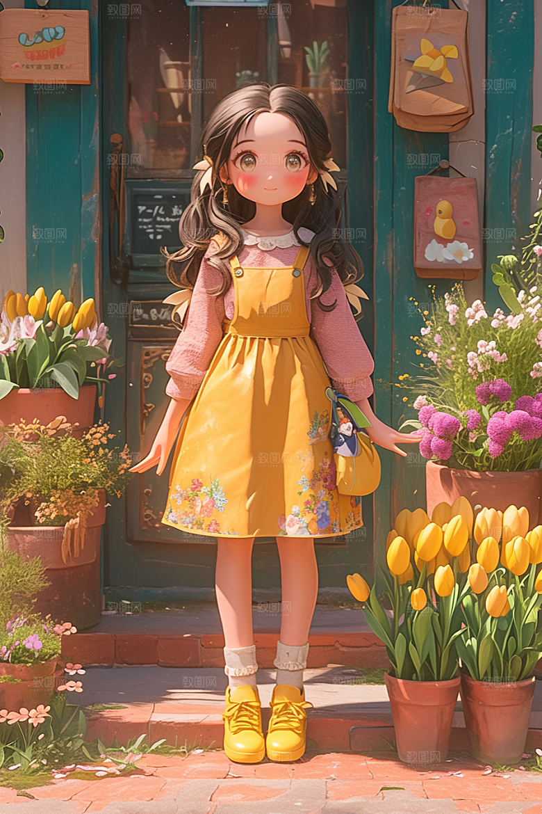 手捧鲜花的少女青春唯美素材