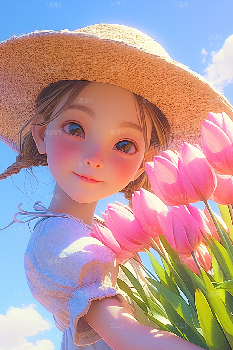 手捧鲜花的少女花朵春天素材
