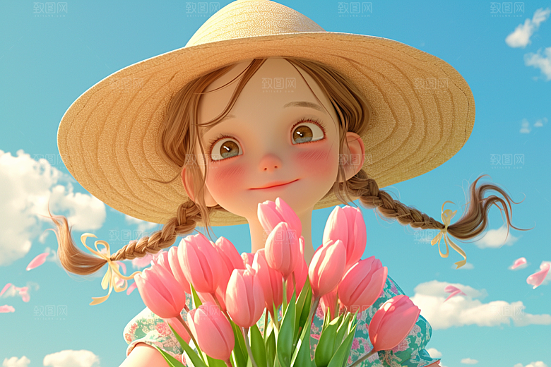 手捧鲜花的少女清新自然素材