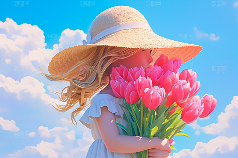 手捧鲜花的少女清新梦幻素材