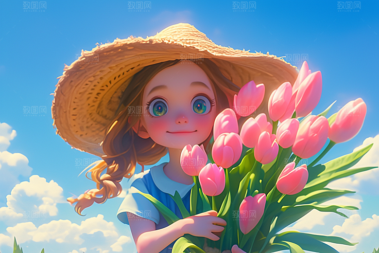 手捧鲜花的少女春天模型素材