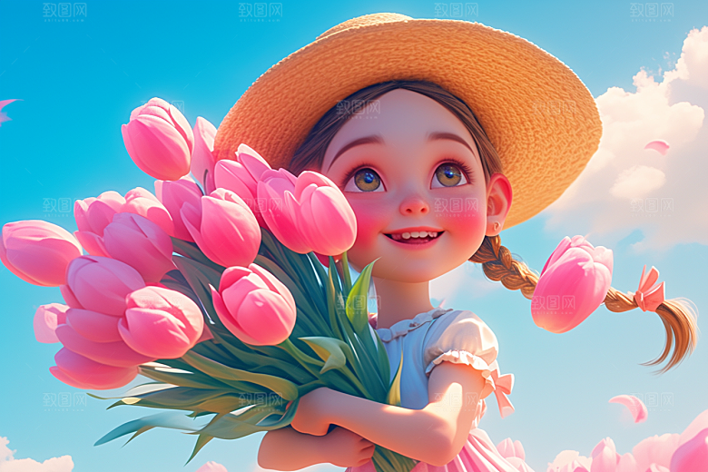 手捧鲜花的少女立体清新素材