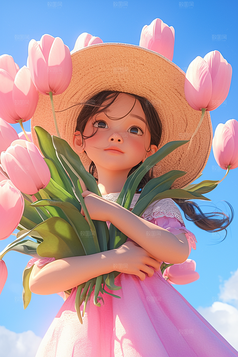 手捧鲜花的少女模型青春素材