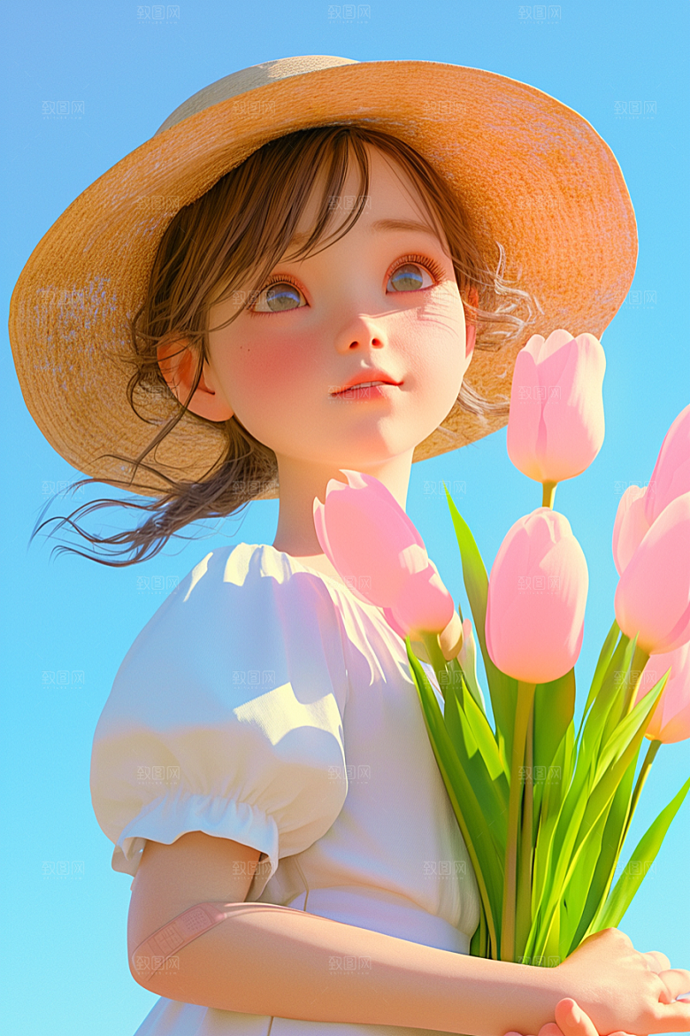 手捧鲜花的少女立体花朵素材
