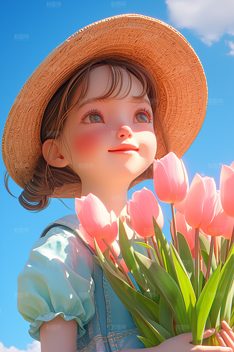 手捧鲜花的少女烂漫清新素材