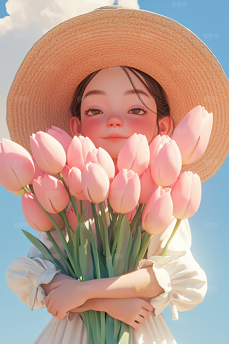 手捧鲜花的少女模型青春素材