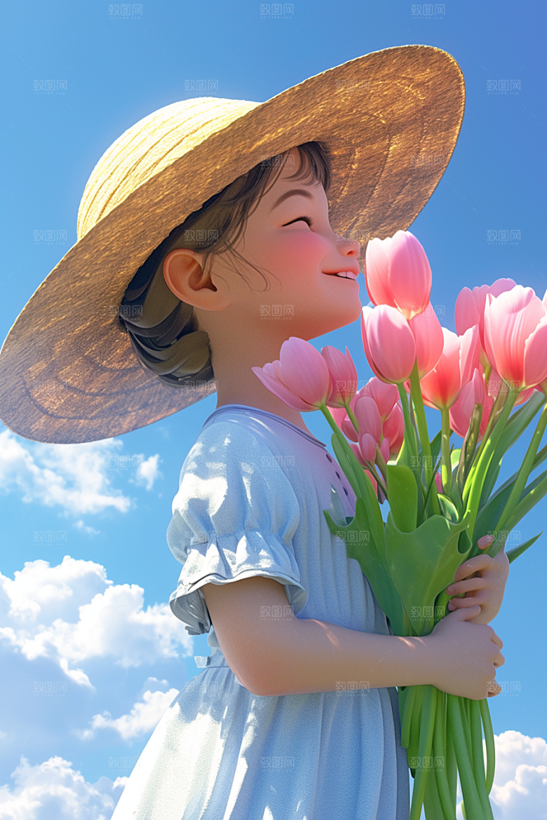 手捧鲜花的少女青春立体素材