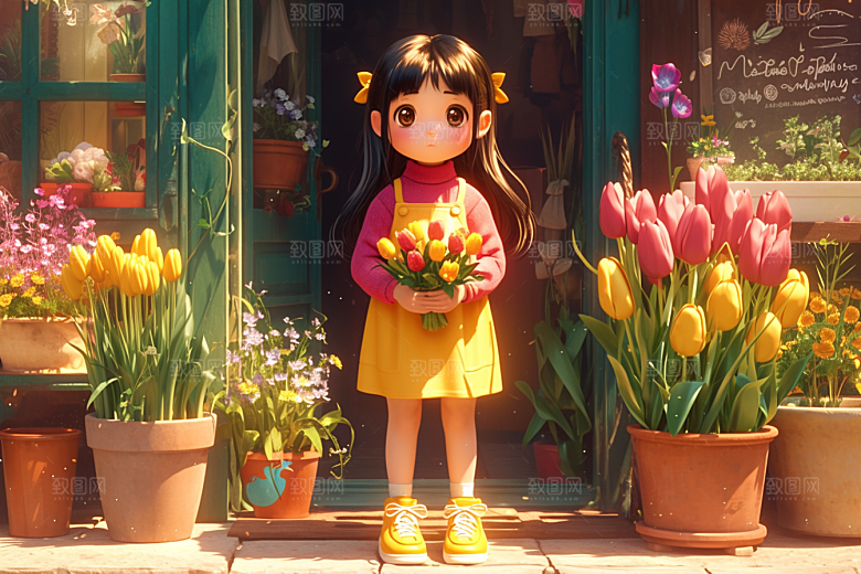 手捧鲜花的少女清新立体素材
