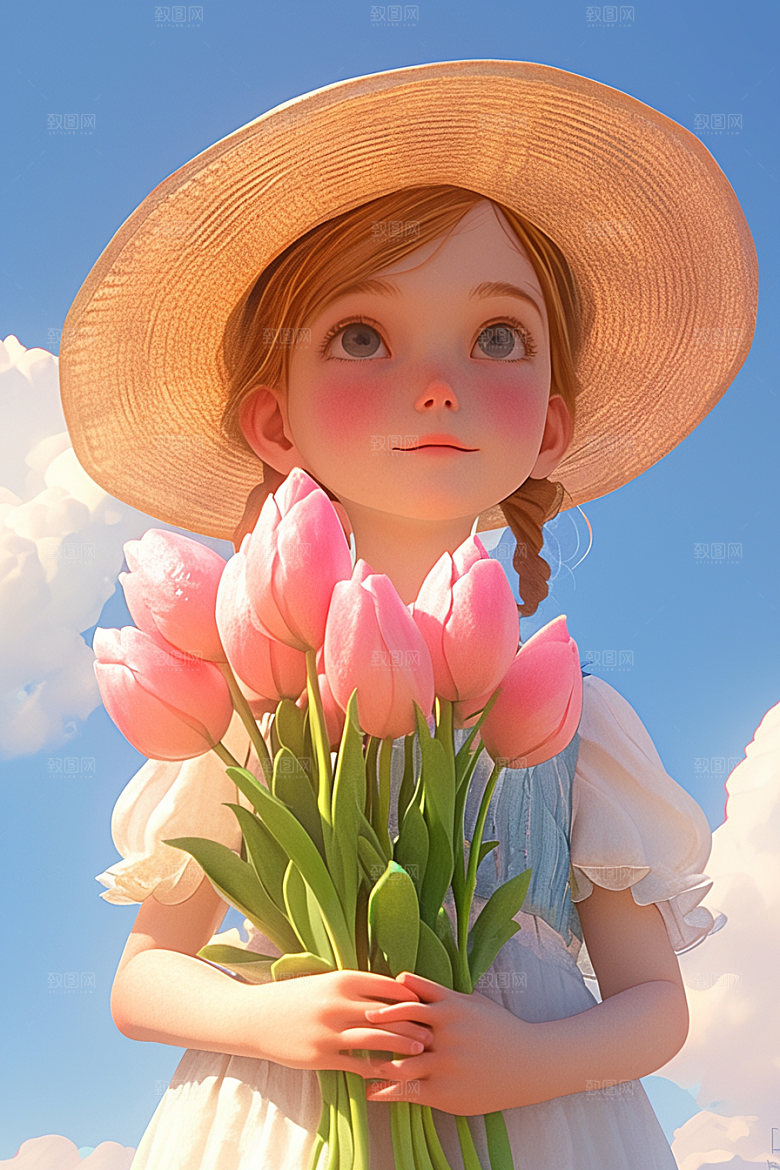 手捧鲜花的少女立体烂漫素材