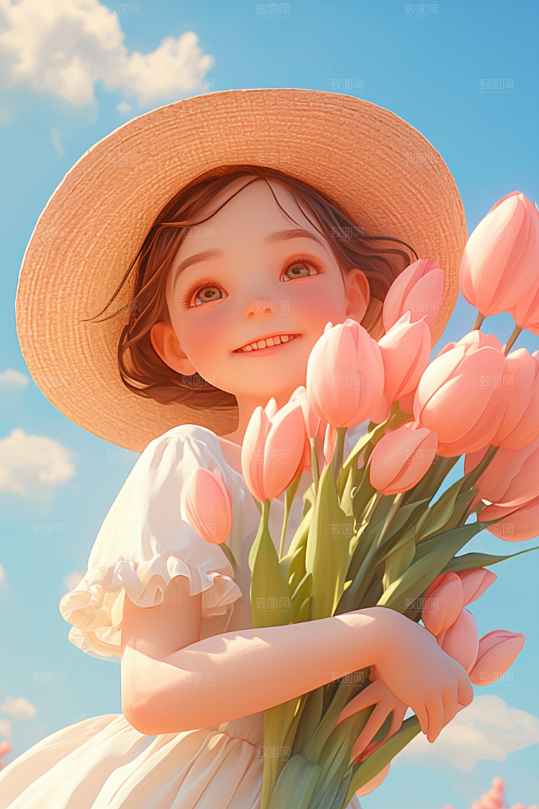 手捧鲜花的少女3D梦幻素材