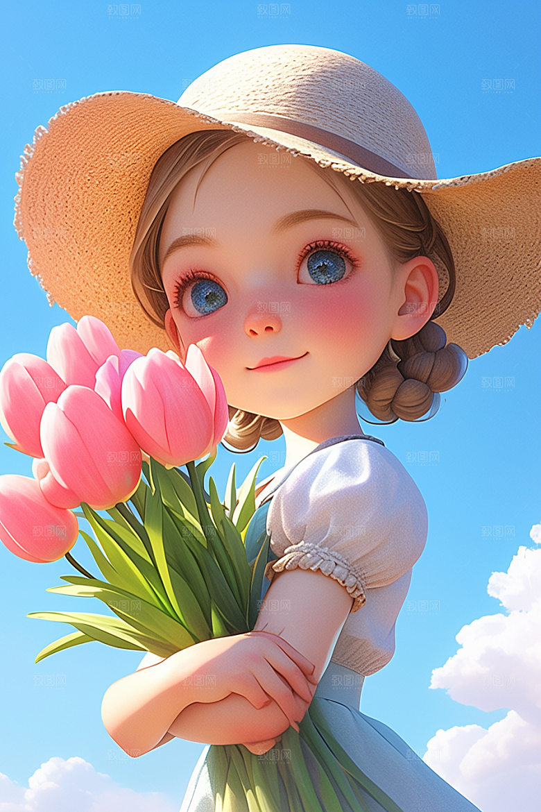 手捧鲜花的少女肖像花朵素材