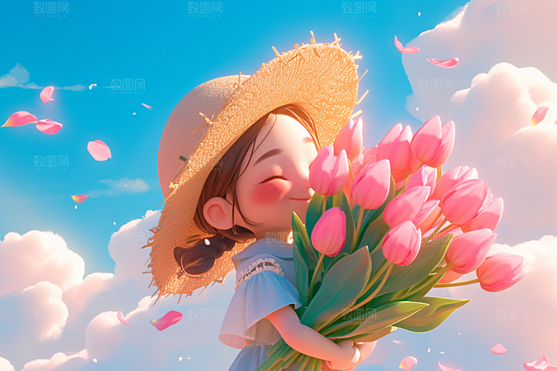 手捧鲜花的少女自然人物素材