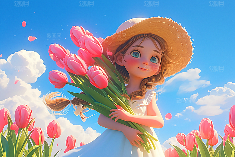 手捧鲜花的少女自然人物素材