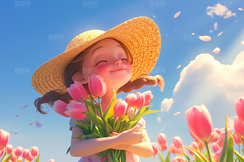手捧鲜花的少女春天模型素材