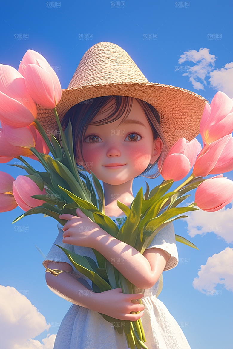 手捧鲜花的少女春天花朵素材