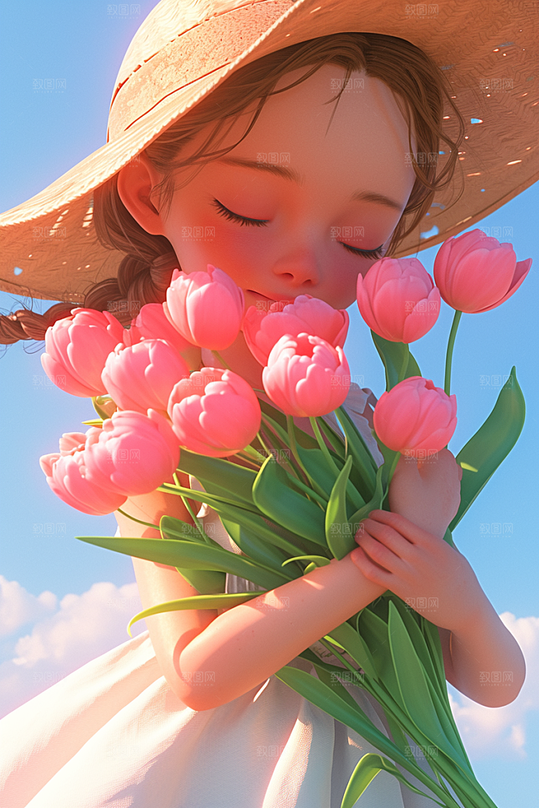 手捧鲜花的少女3D飞舞的裙摆素材
