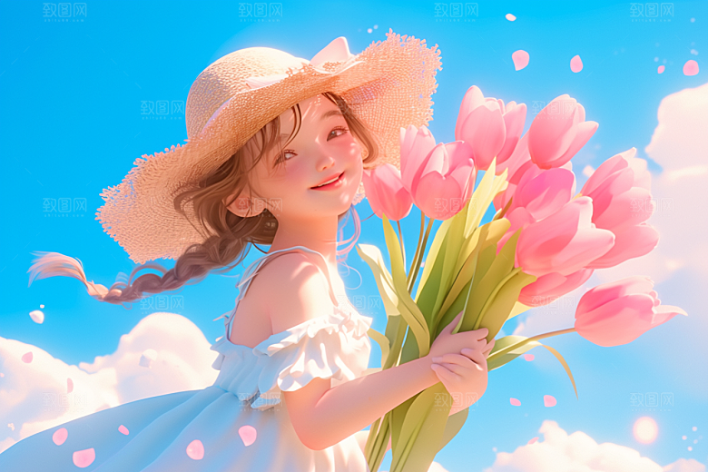 手捧鲜花的少女青春飞舞的裙摆素材