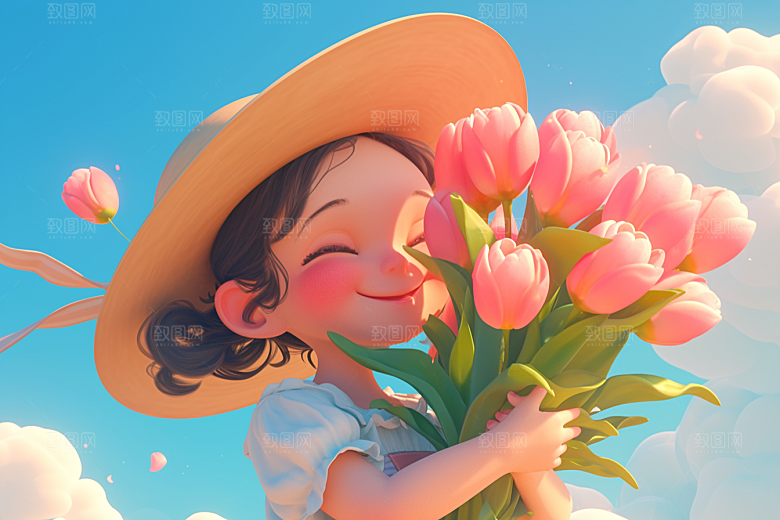 手捧鲜花的少女清新花朵素材